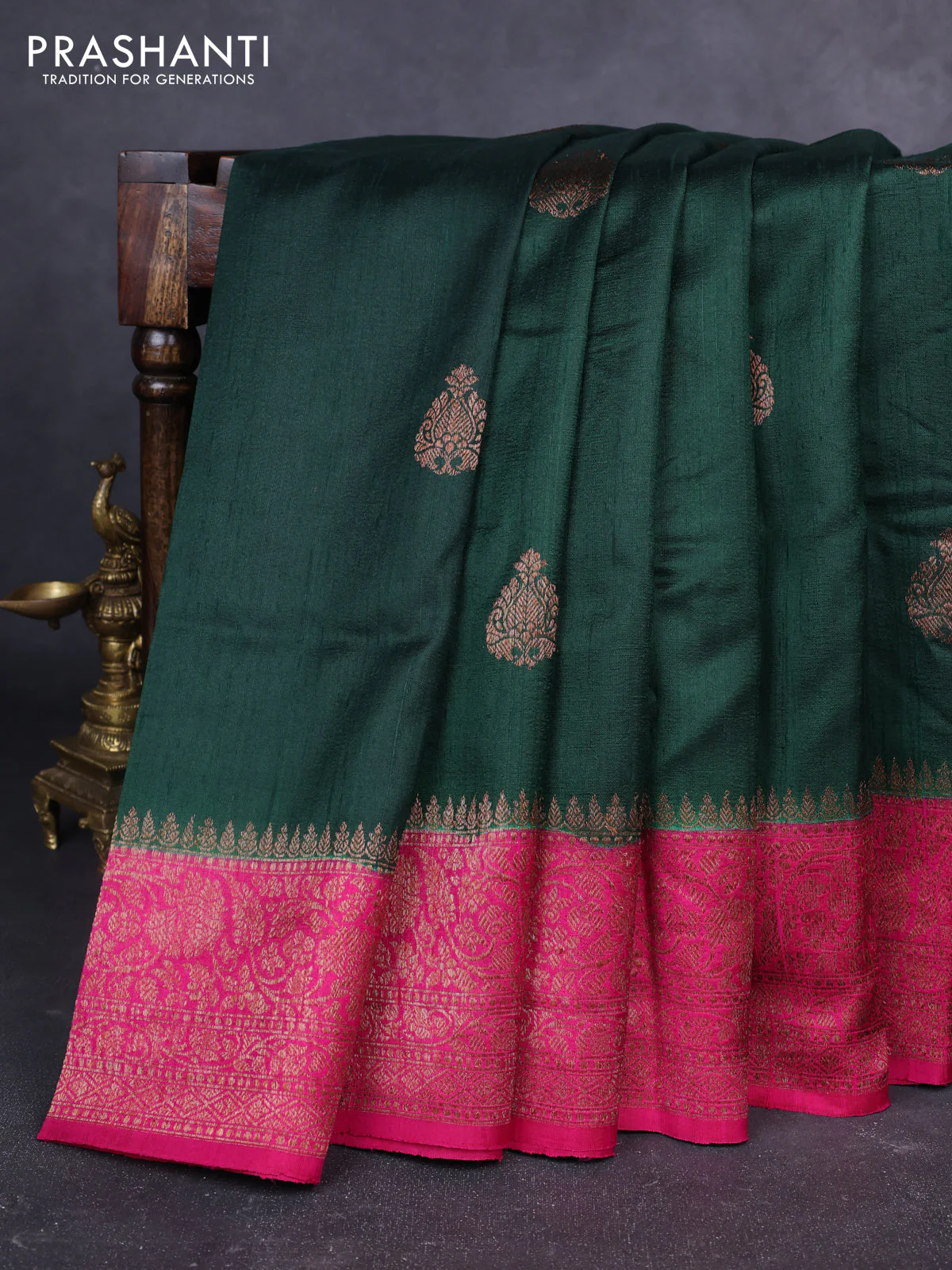 Banarasi raw silk saree green and pink with woven buttas and woven border