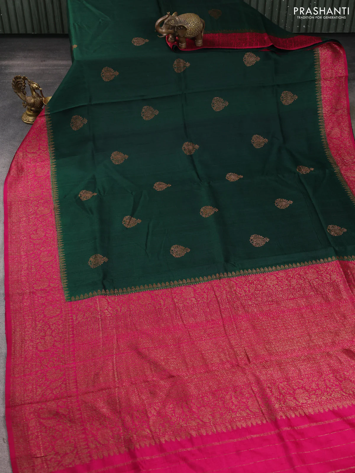 Banarasi raw silk saree green and pink with woven buttas and woven border - Image 2