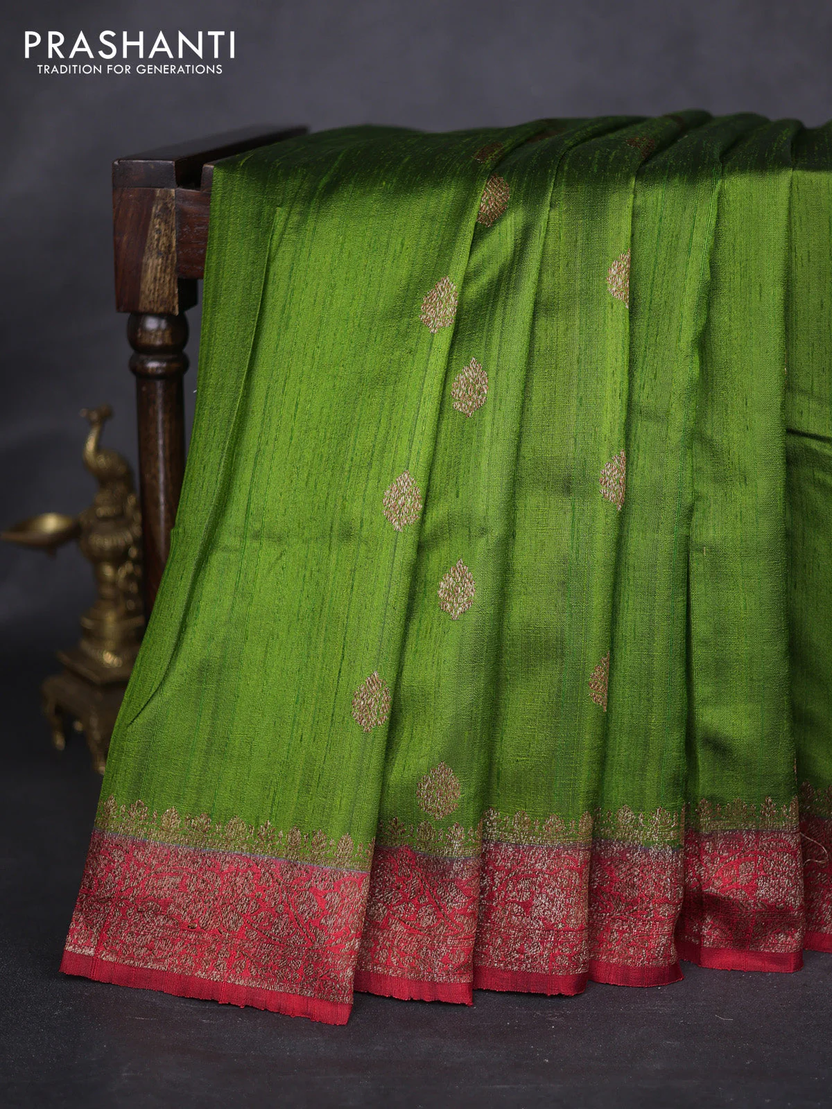 Banarasi raw silk saree green and red with thread & zari woven buttas and woven border