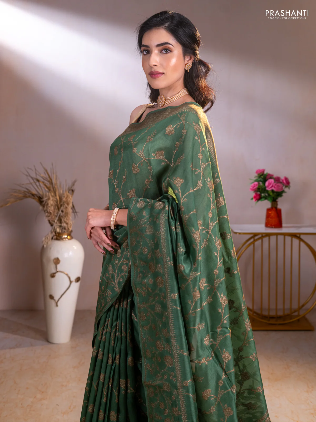 Banarasi raw silk saree green with allover thread & zari weaves and long woven border - Image 3