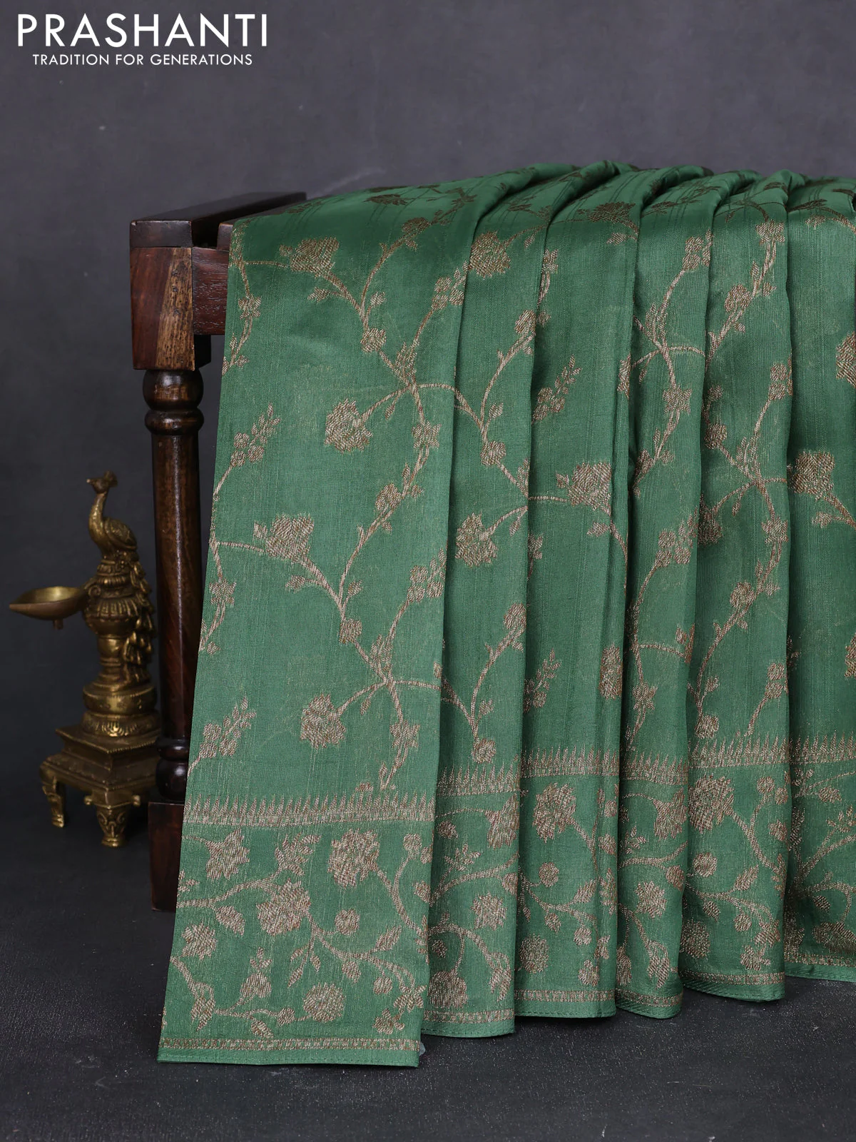 Banarasi raw silk saree green with allover thread & zari weaves and long woven border - Image 5