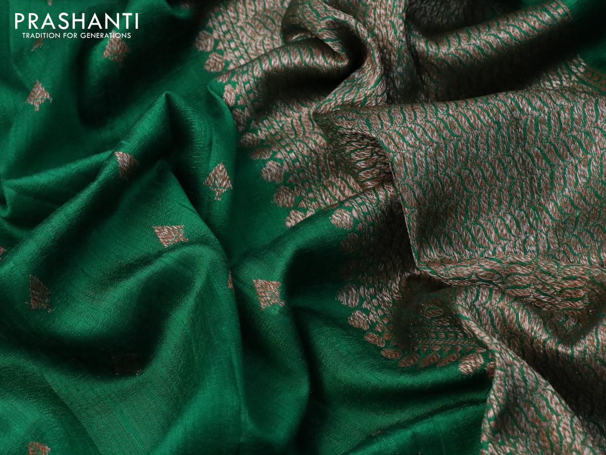 Banarasi raw silk saree green with allover thread & zari woven buttas and woven border - Image 3