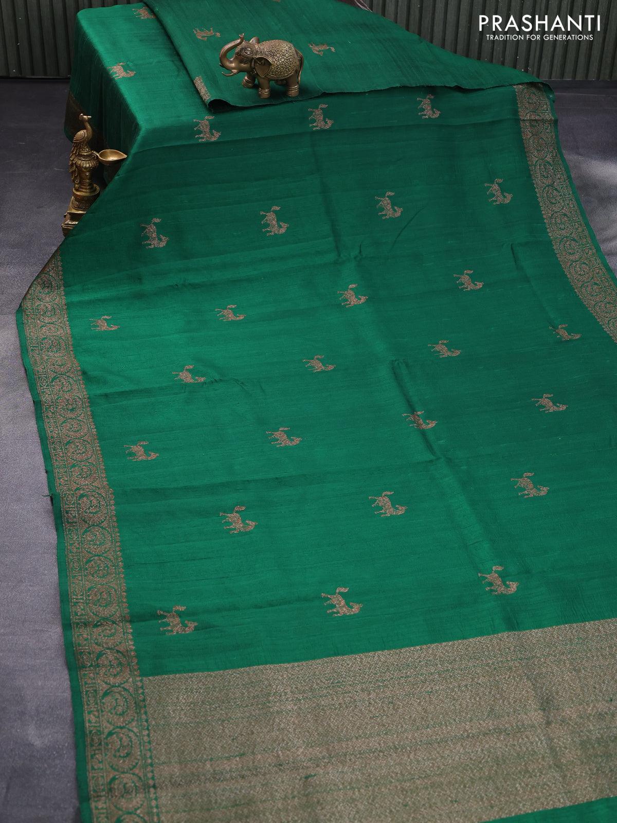 Banarasi raw silk saree green with thread & zari woven buttas and woven border - Image 2