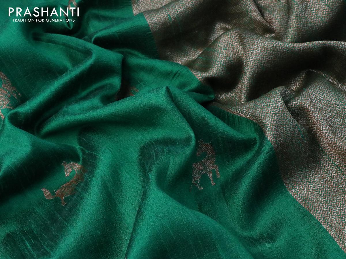 Banarasi raw silk saree green with thread & zari woven buttas and woven border - Image 3