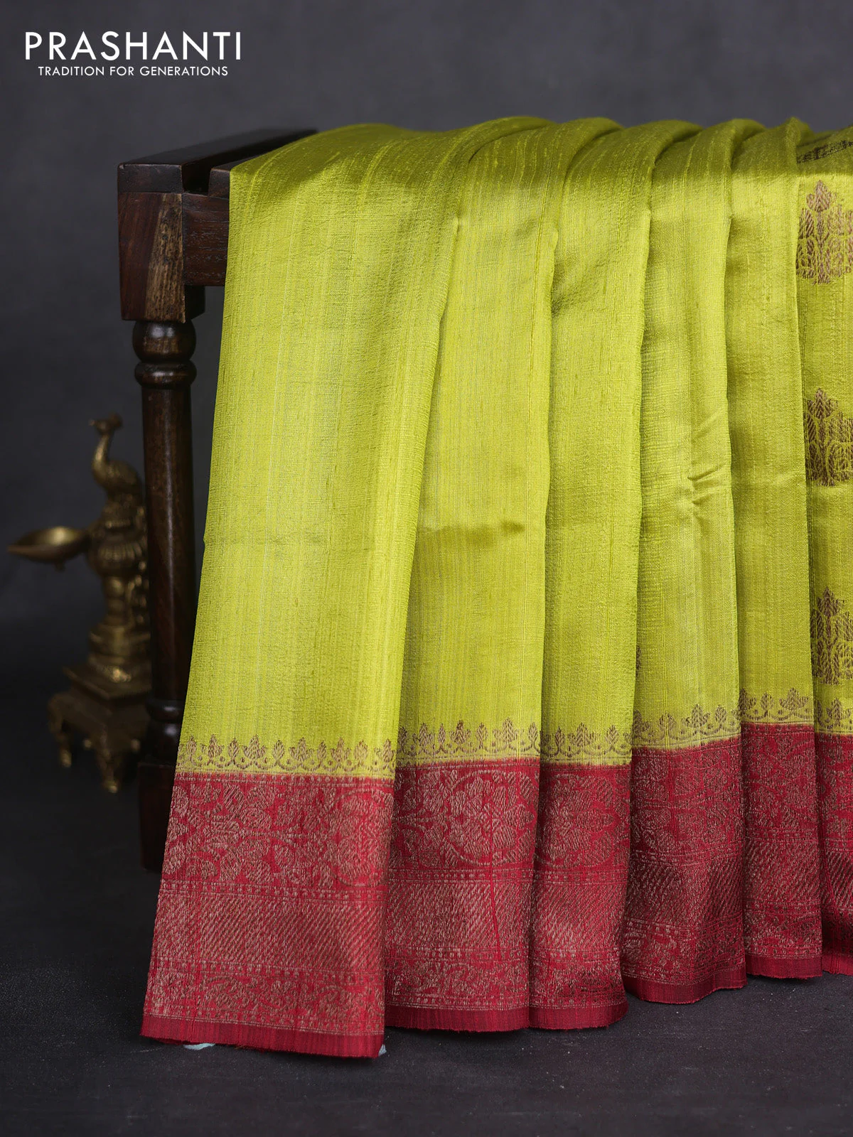 Banarasi raw silk saree lime green and maroon with thread & zari woven buttas and woven border