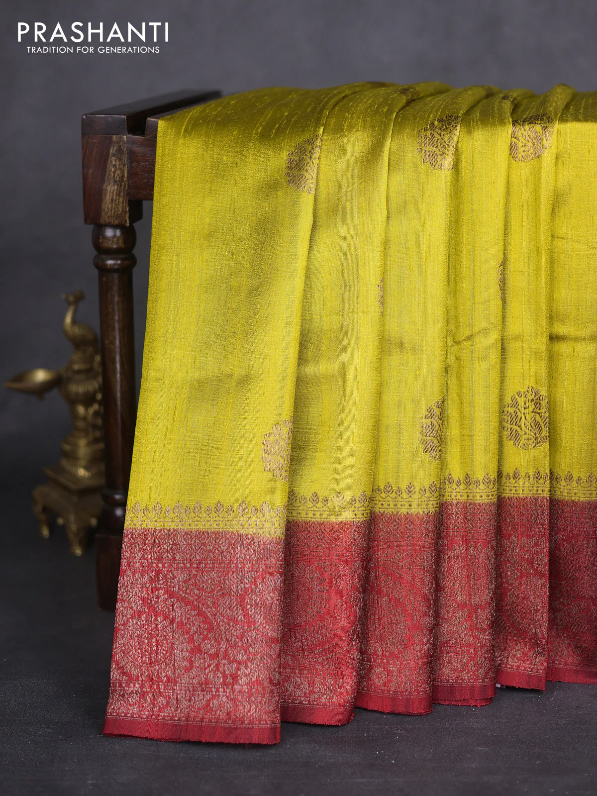 Banarasi raw silk saree lime green and maroon with thread & zari woven buttas and woven border