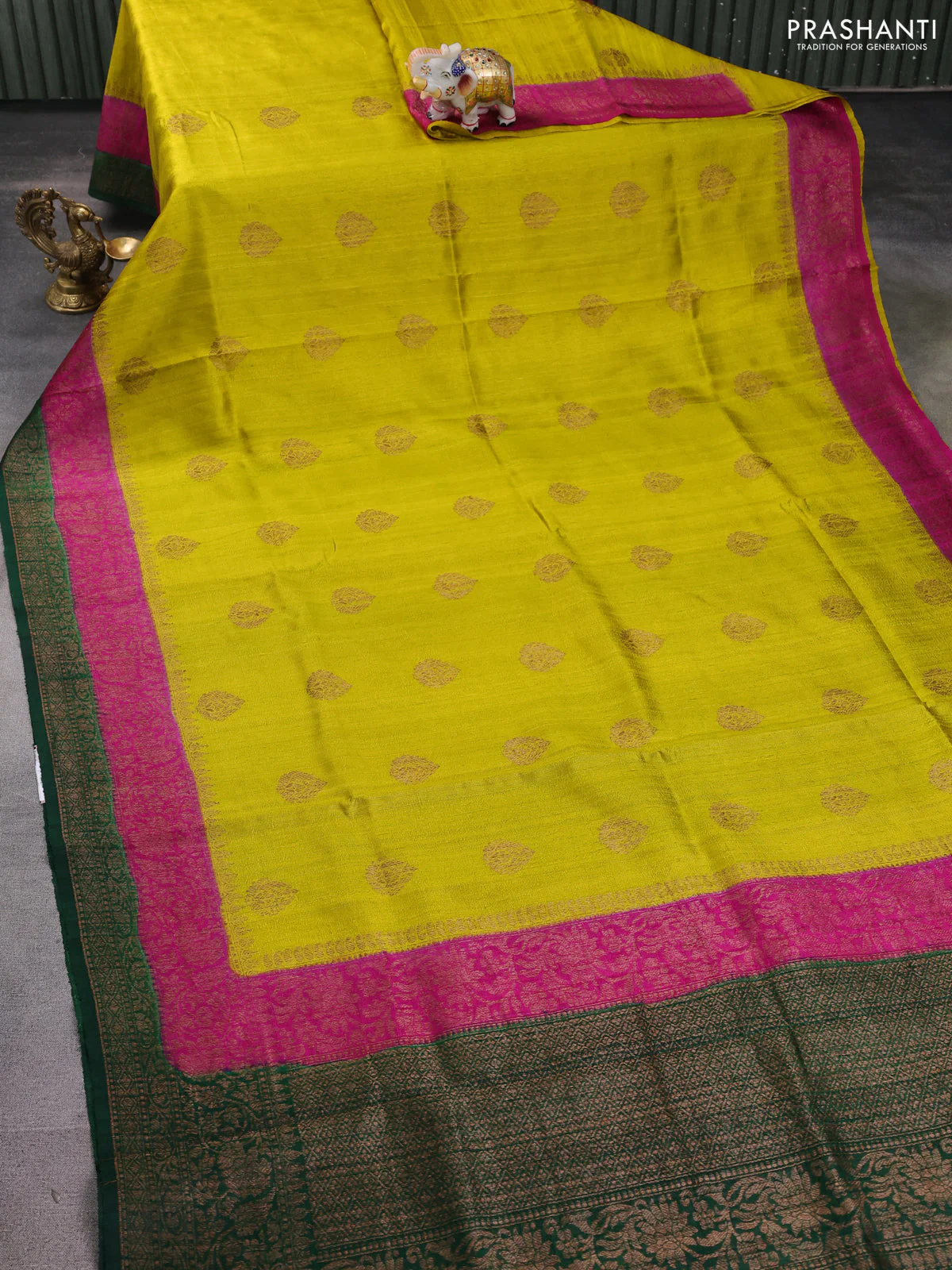 Banarasi raw silk saree lime yellow and pink green with thread & zari woven buttas and woven border - Image 2