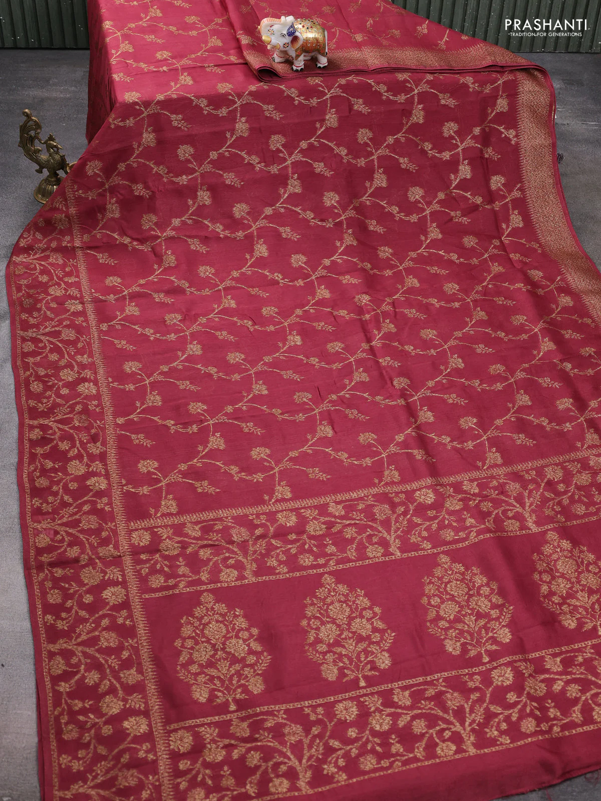 Banarasi raw silk saree maroon shade with allover thread & zari weaves and long woven border - Image 2
