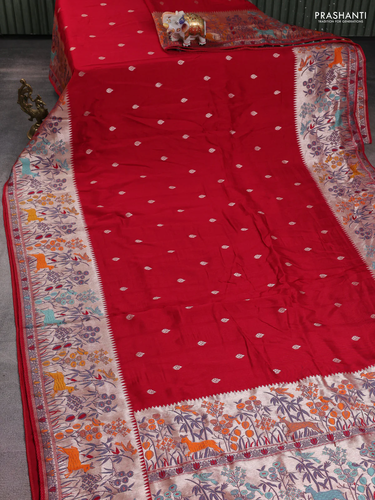 Banarasi raw silk saree maroon with silver zari woven buttas and zari woven paithani style border - Image 2