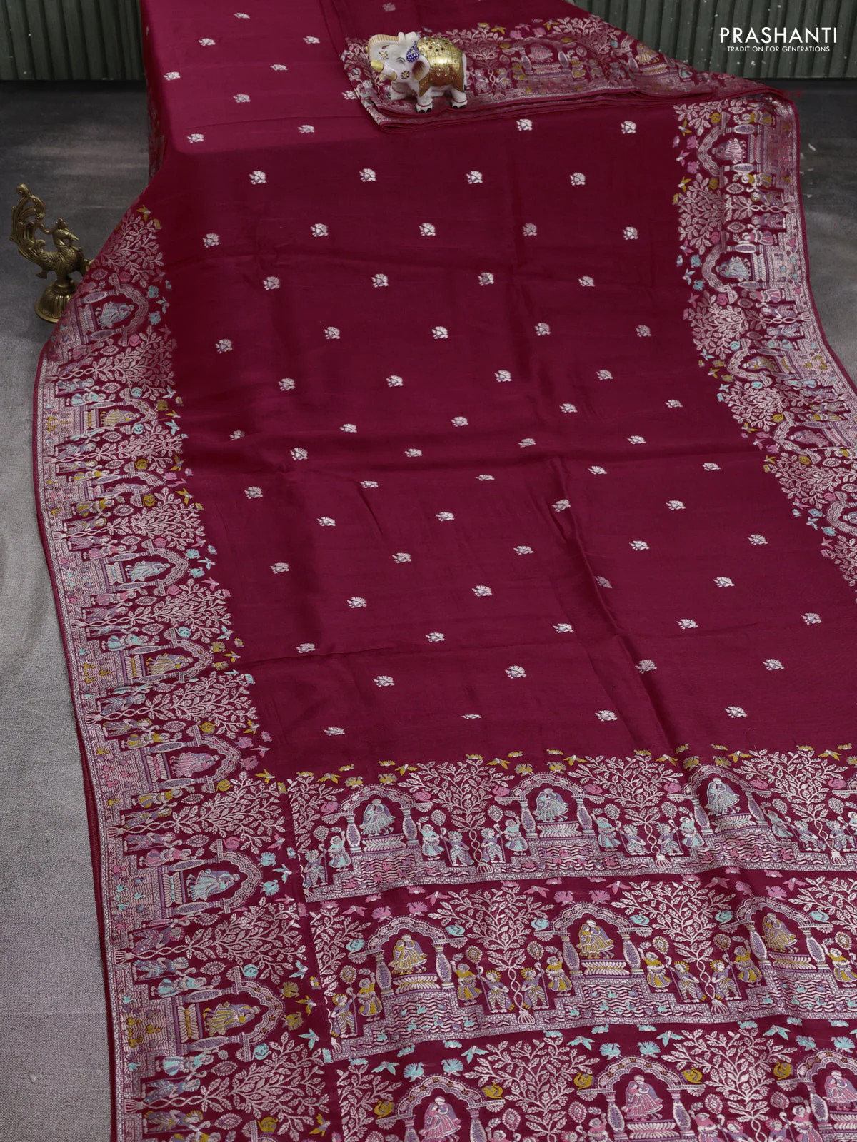 Banarasi raw silk saree maroon with silver zari woven buttas and zari woven paithani style border - Image 2