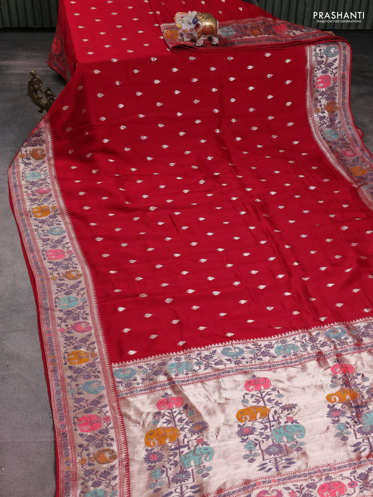 Banarasi raw silk saree maroon with silver zari woven buttas and zari woven paithani style border - Image 2