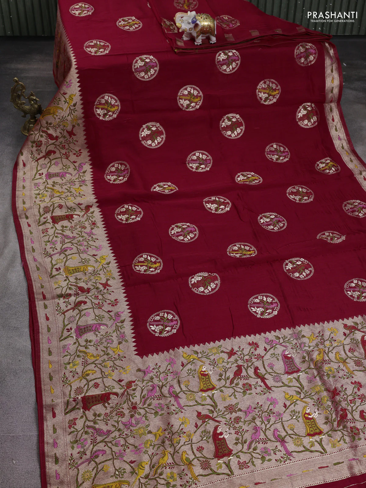 Banarasi raw silk saree maroon with woven buttas and zari woven paithani style border - Image 2