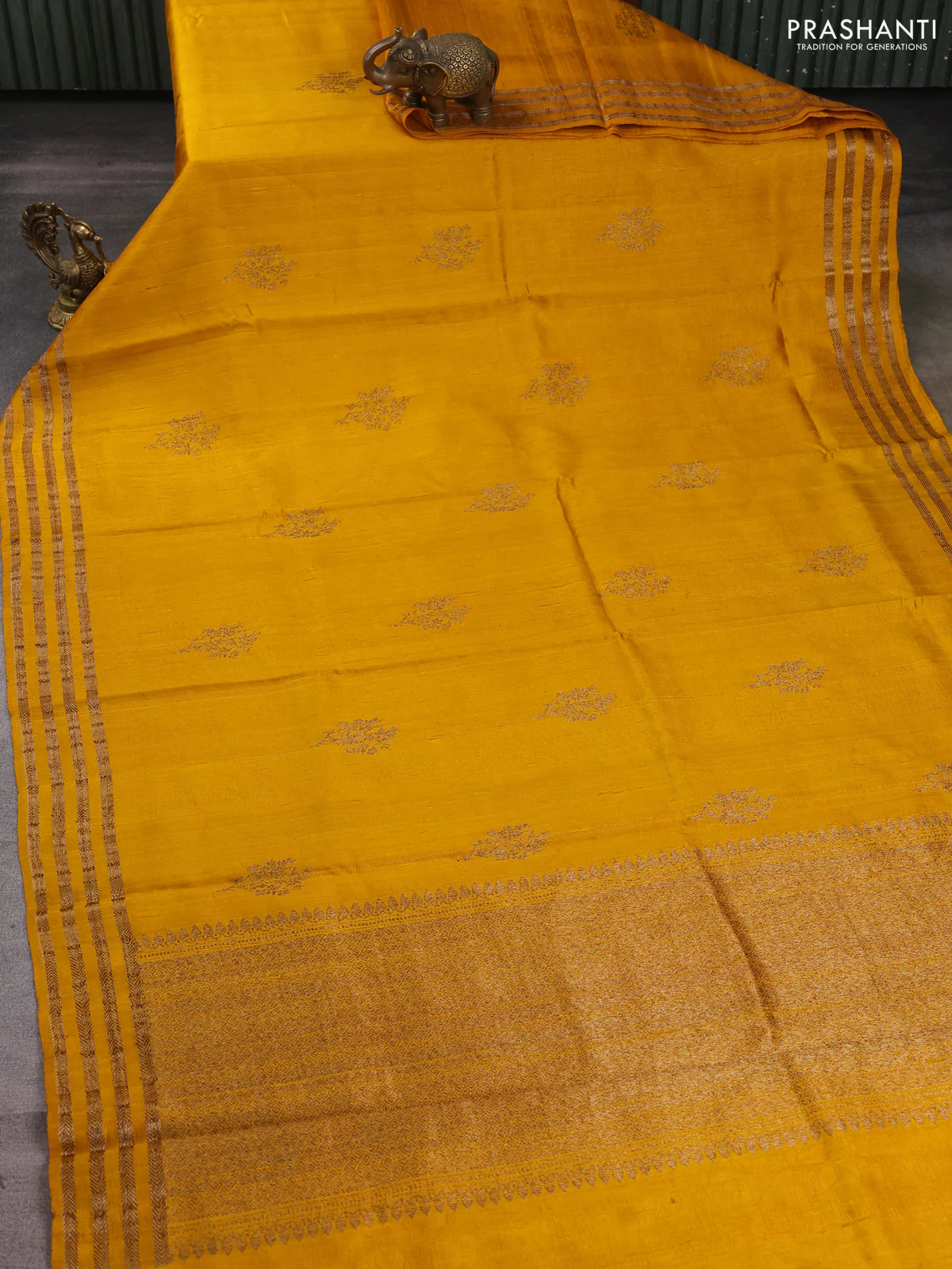Banarasi raw silk saree mustard yellow with woven buttas and woven border - Image 2