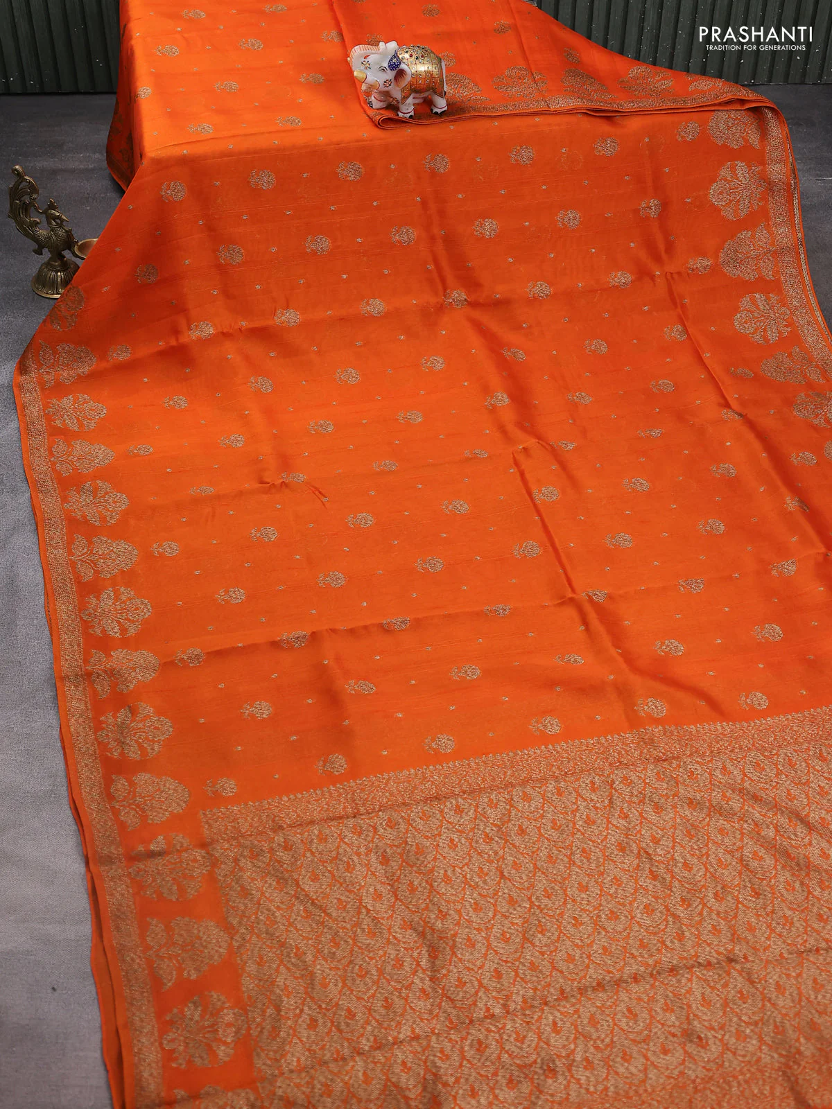 Banarasi raw silk saree orange with thread & zari woven buttas and floral design woven border - Image 2