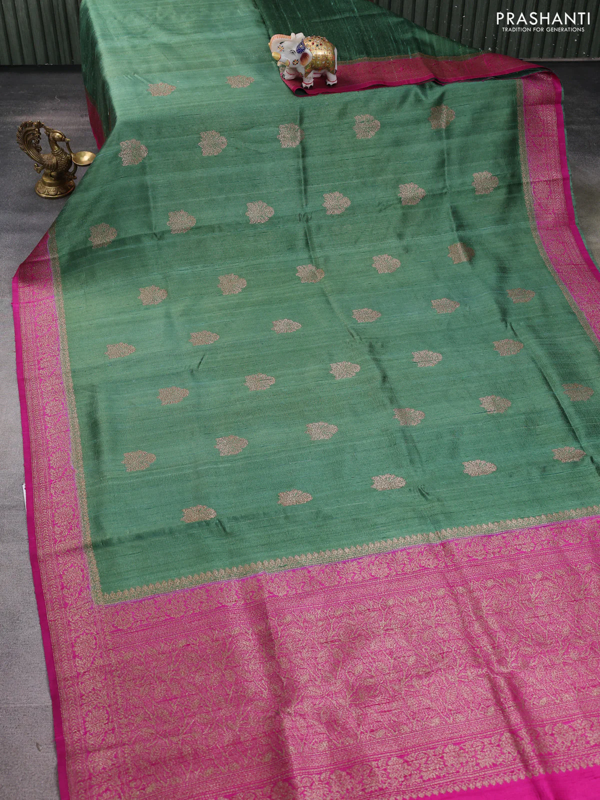Banarasi raw silk saree pastel green and pink with thread & zari woven buttas and woven border - Image 2