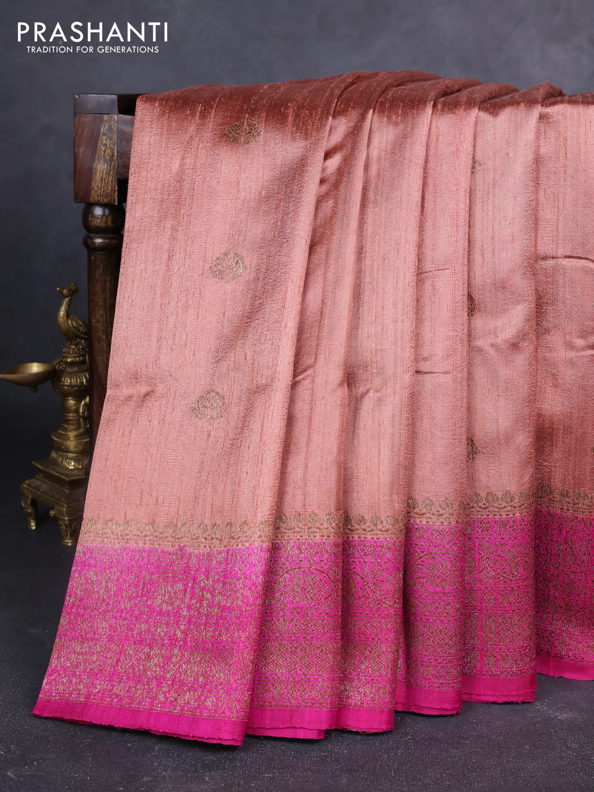 Banarasi raw silk saree peach shade and pink with woven buttas and woven border