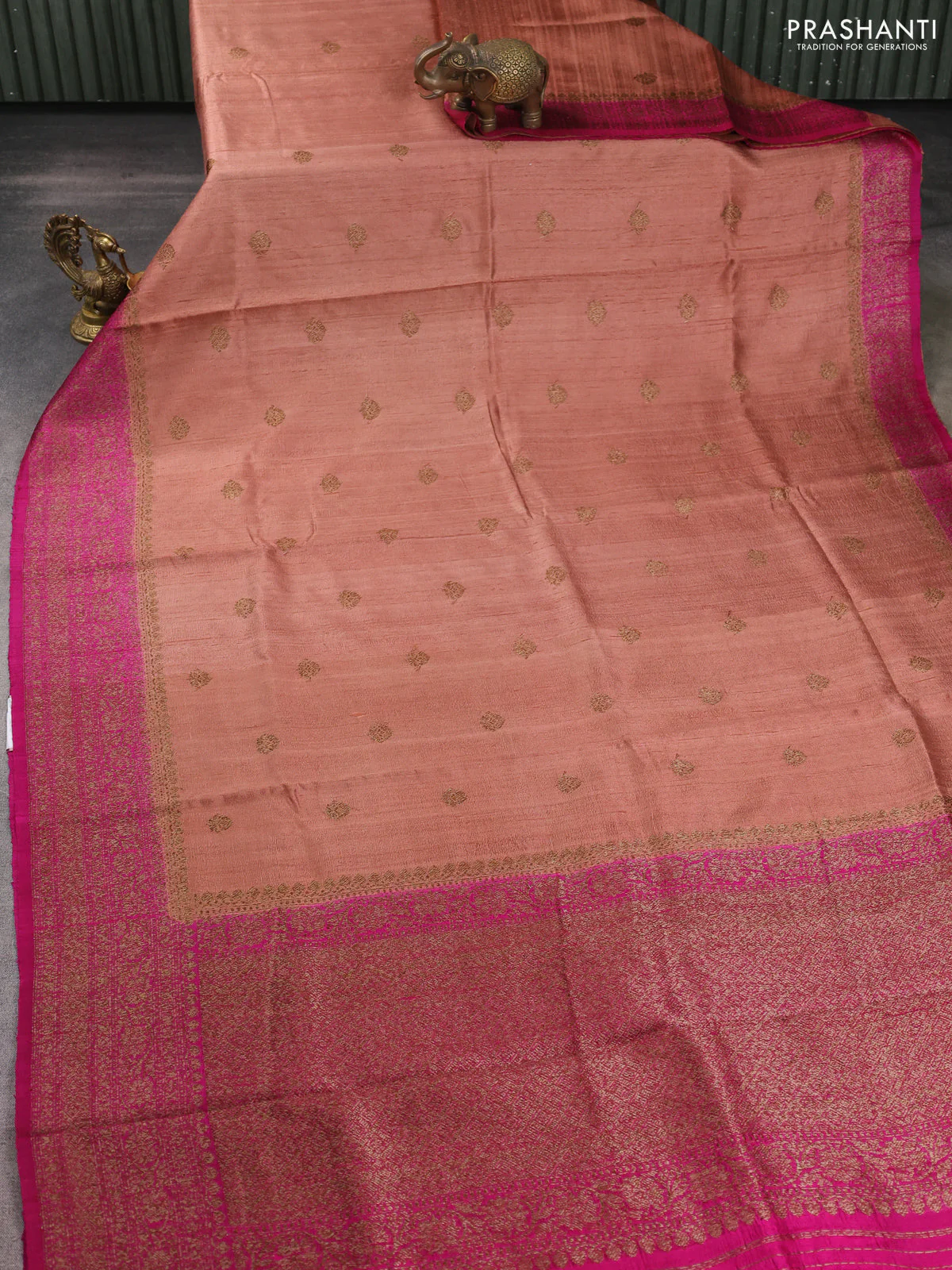 Banarasi raw silk saree peach shade and pink with woven buttas and woven border - Image 2