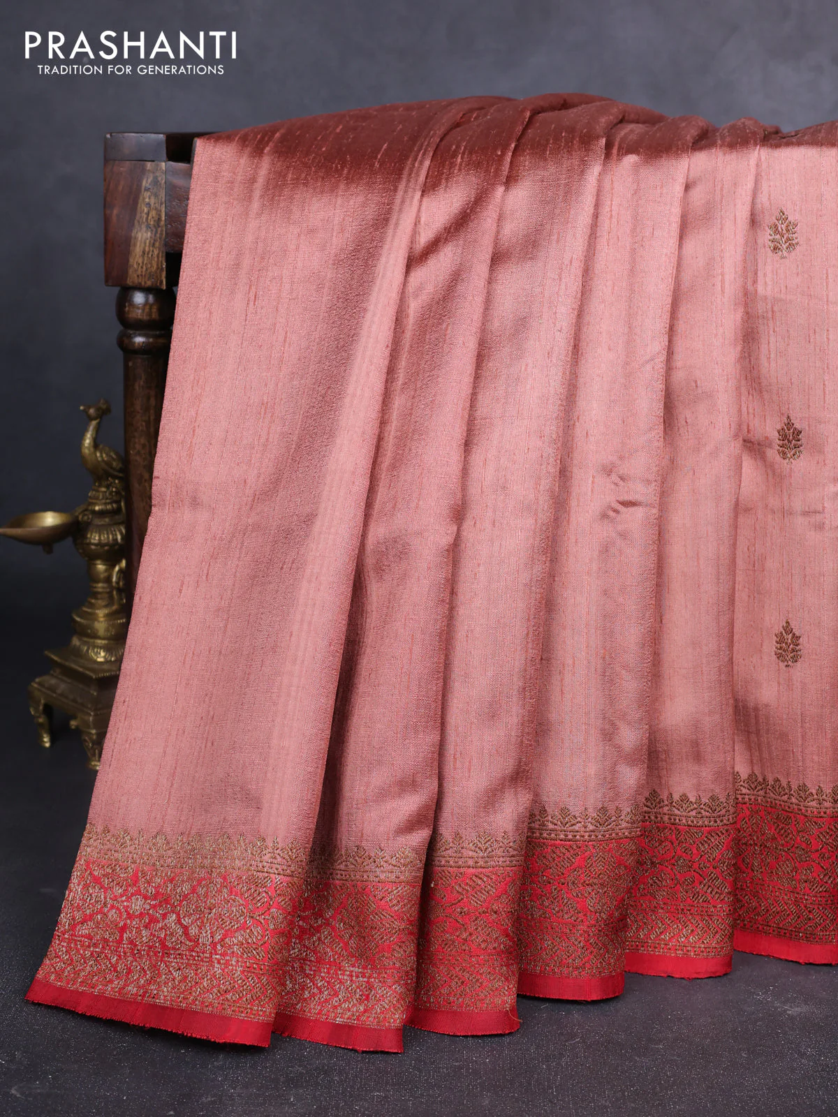 Banarasi raw silk saree peach shade and red with woven buttas and woven border