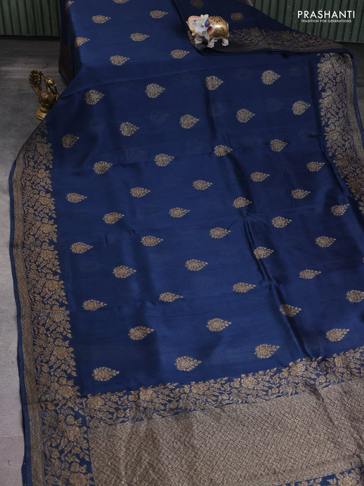 Banarasi raw silk saree peacock blue with thread & zari woven buttas and floral design woven border - Image 2