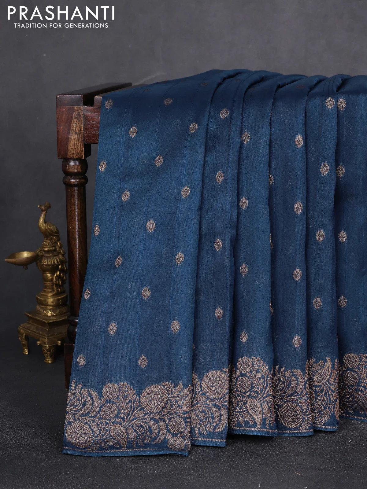 Banarasi raw silk saree peacock blue with thread & zari woven buttas and woven border
