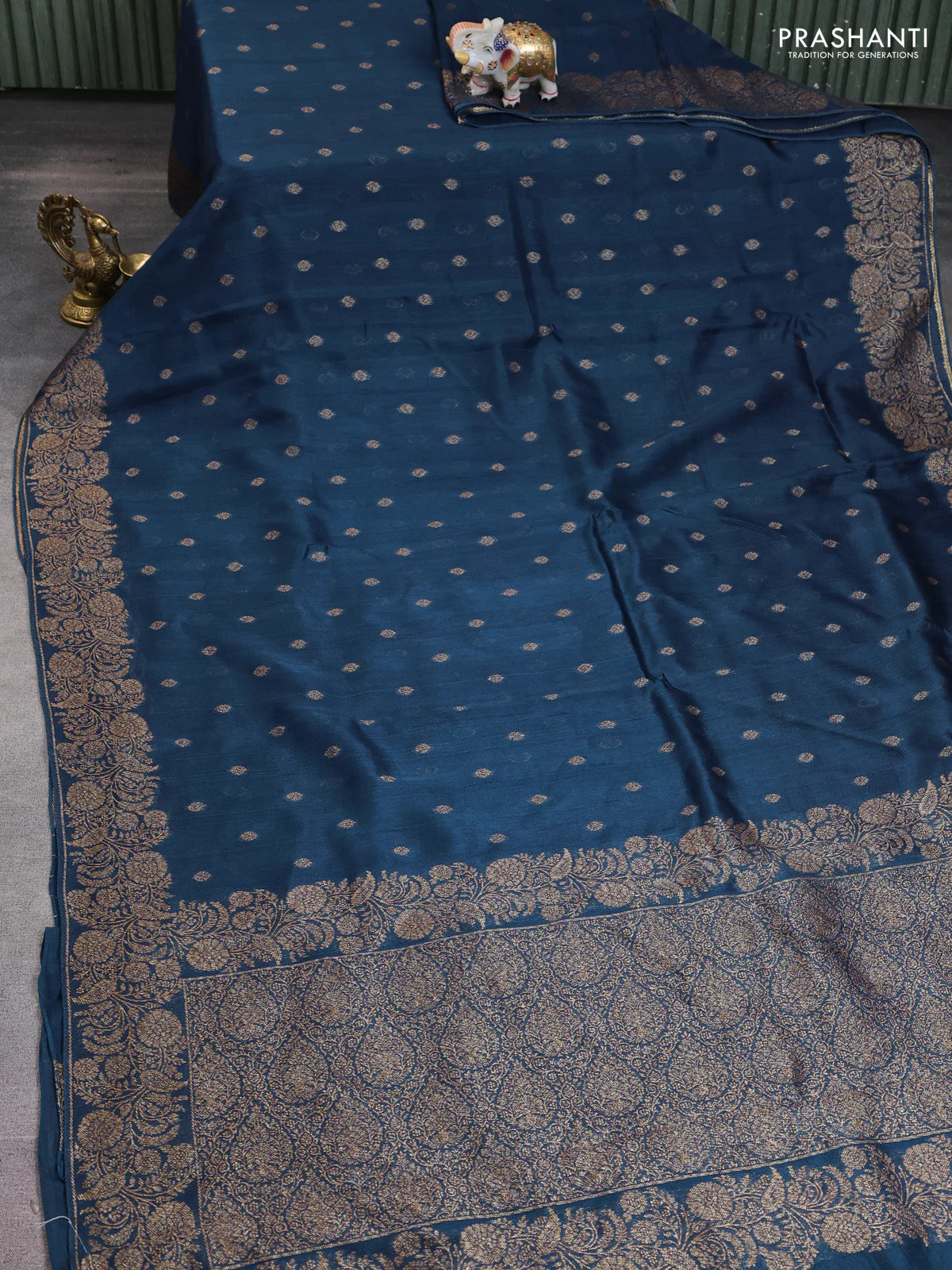 Banarasi raw silk saree peacock blue with thread & zari woven buttas and woven border - Image 2