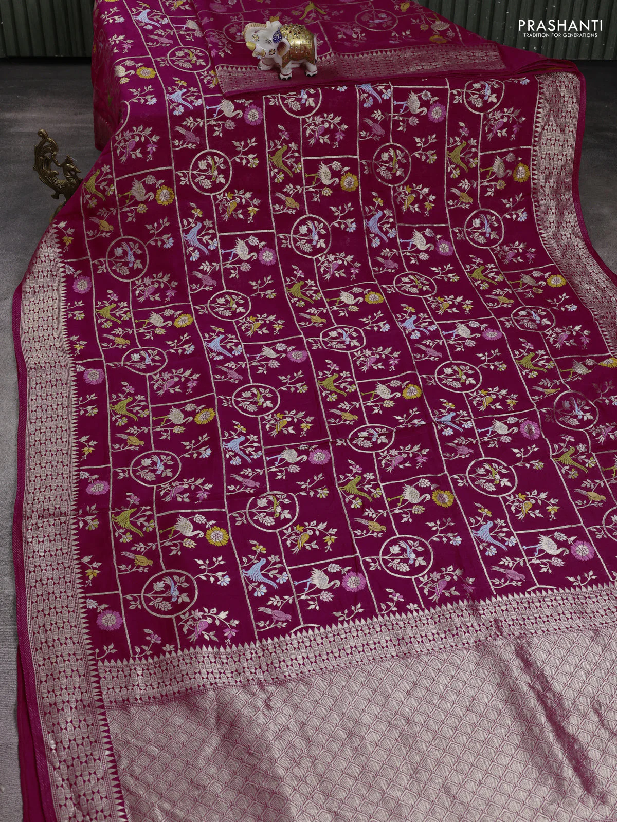 Banarasi raw silk saree pink with allover mina weaves and zari woven border - Image 2