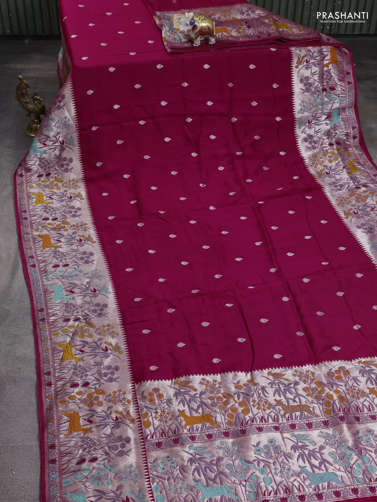 Banarasi raw silk saree pink with silver zari woven buttas and zari woven paithani style border - Image 2