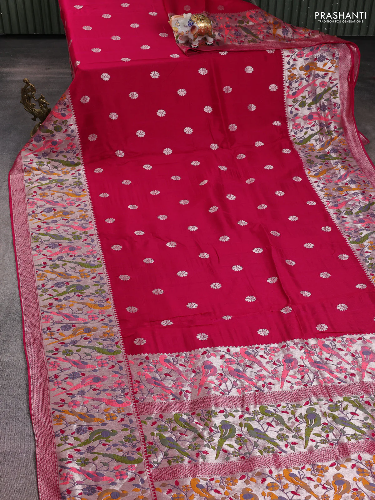 Banarasi raw silk saree pink with silver zari woven buttas and zari woven paithani style border - Image 2