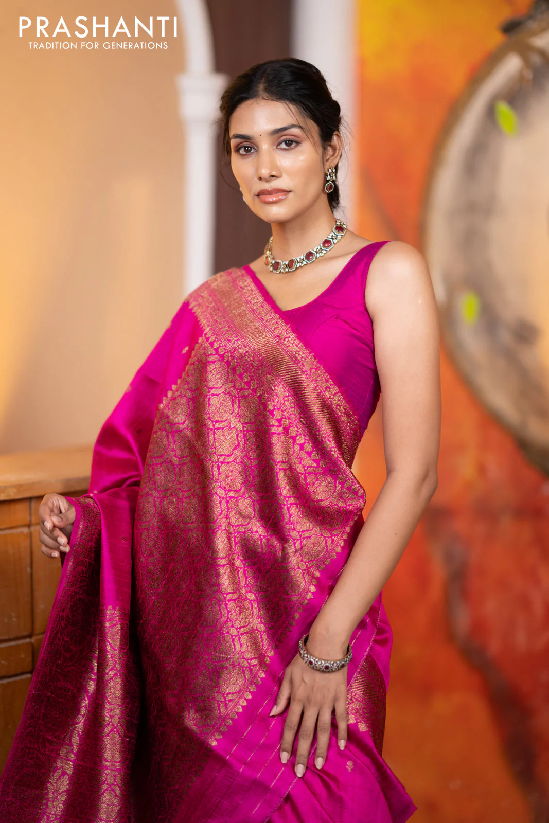 Banarasi raw silk saree pink with woven buttas and thread & zari woven border - Image 4