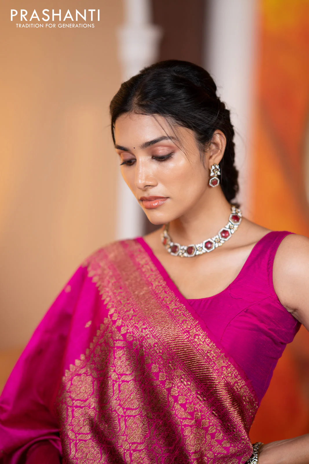 Banarasi raw silk saree pink with woven buttas and thread & zari woven border - Image 5