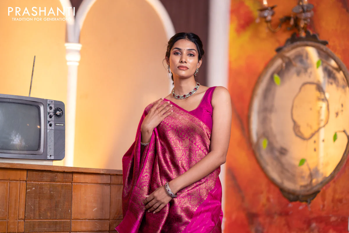 Banarasi raw silk saree pink with woven buttas and thread & zari woven border - Image 6