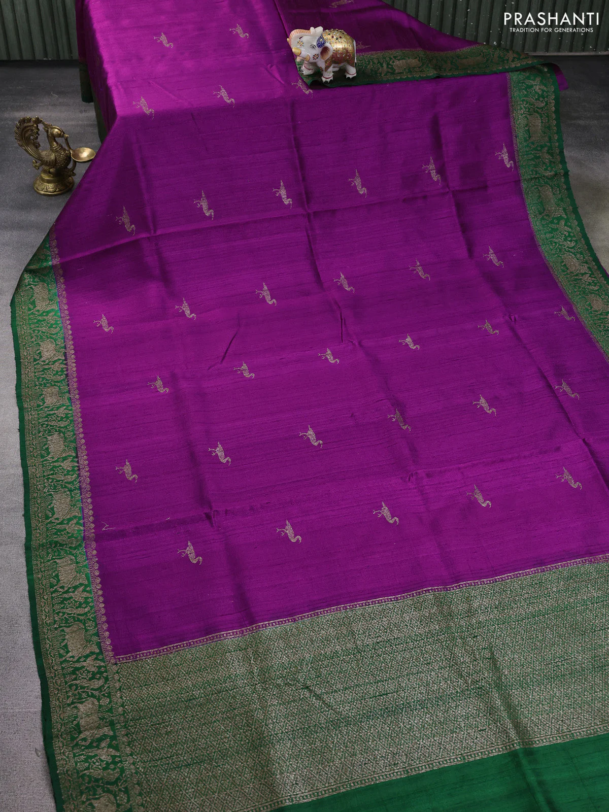 Banarasi raw silk saree purple and green with thread & zari woven buttas and woven border - Image 2
