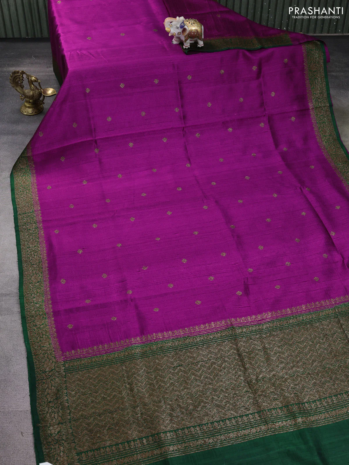 Banarasi raw silk saree purple and green with thread & zari woven buttas and woven border - Image 2
