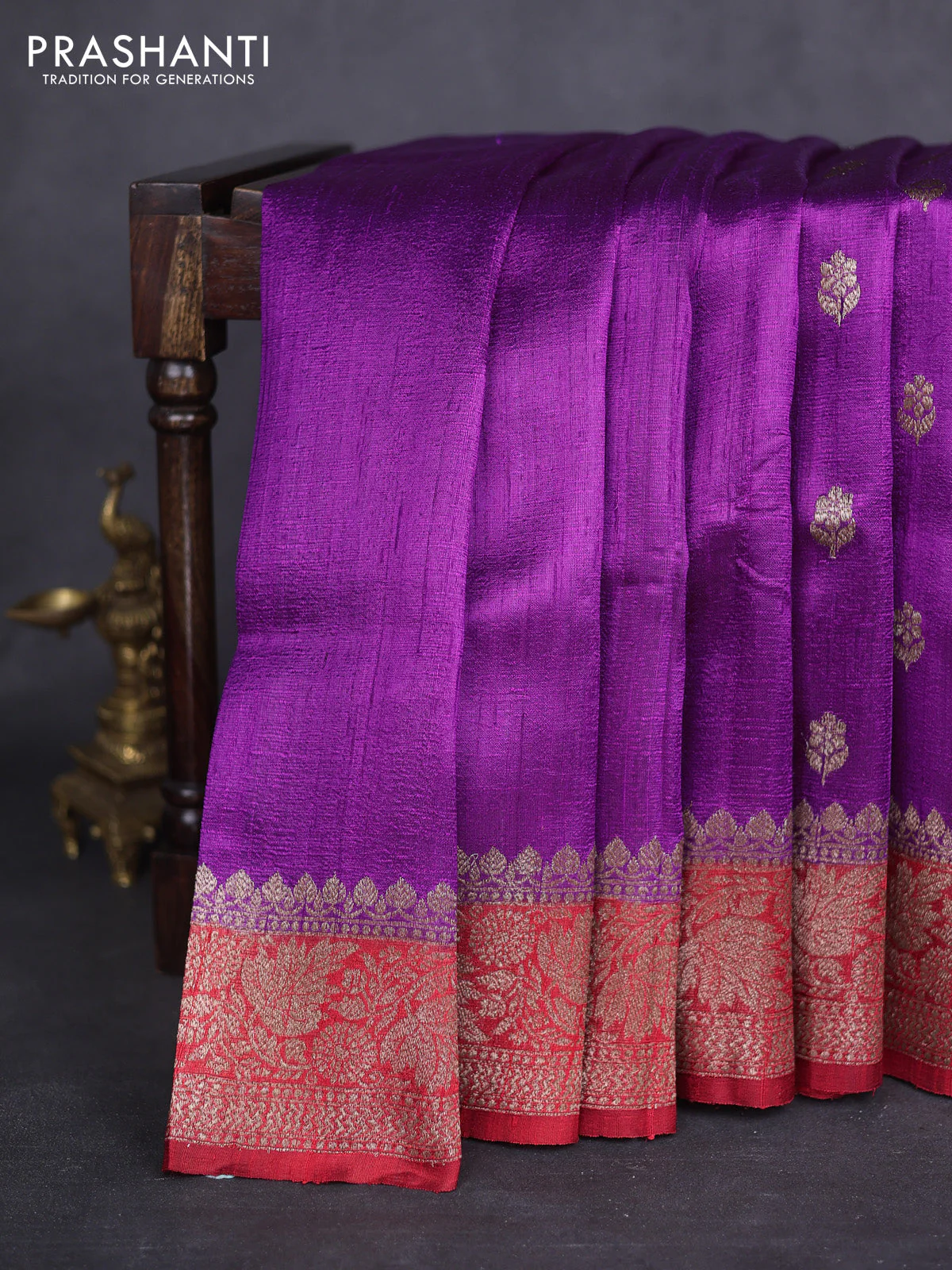 Banarasi raw silk saree purple and maroon with thread & zari woven buttas and woven border