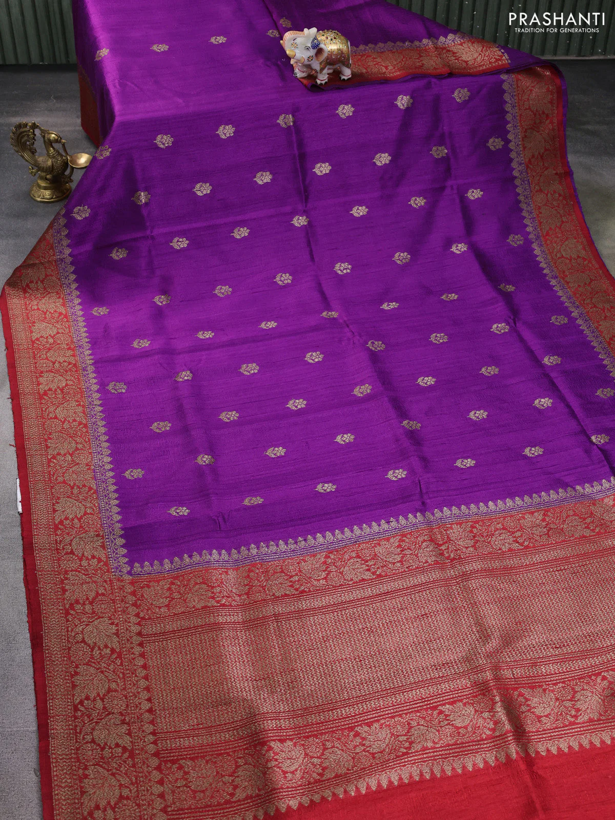 Banarasi raw silk saree purple and maroon with thread & zari woven buttas and woven border - Image 2