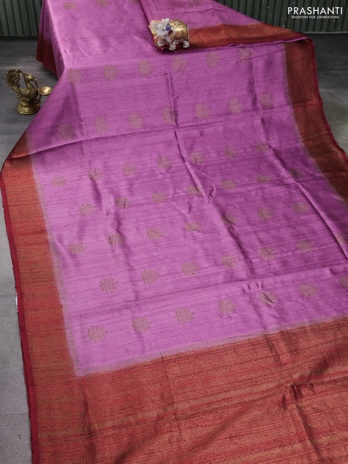 Banarasi raw silk saree purple and maroon with thread & zari woven buttas and woven border - Image 2