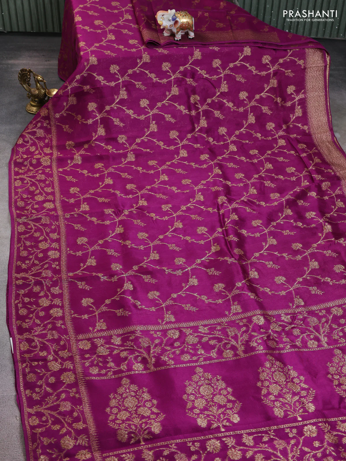 Banarasi raw silk saree purple with allover thread & zari weaves and long woven border - Image 2