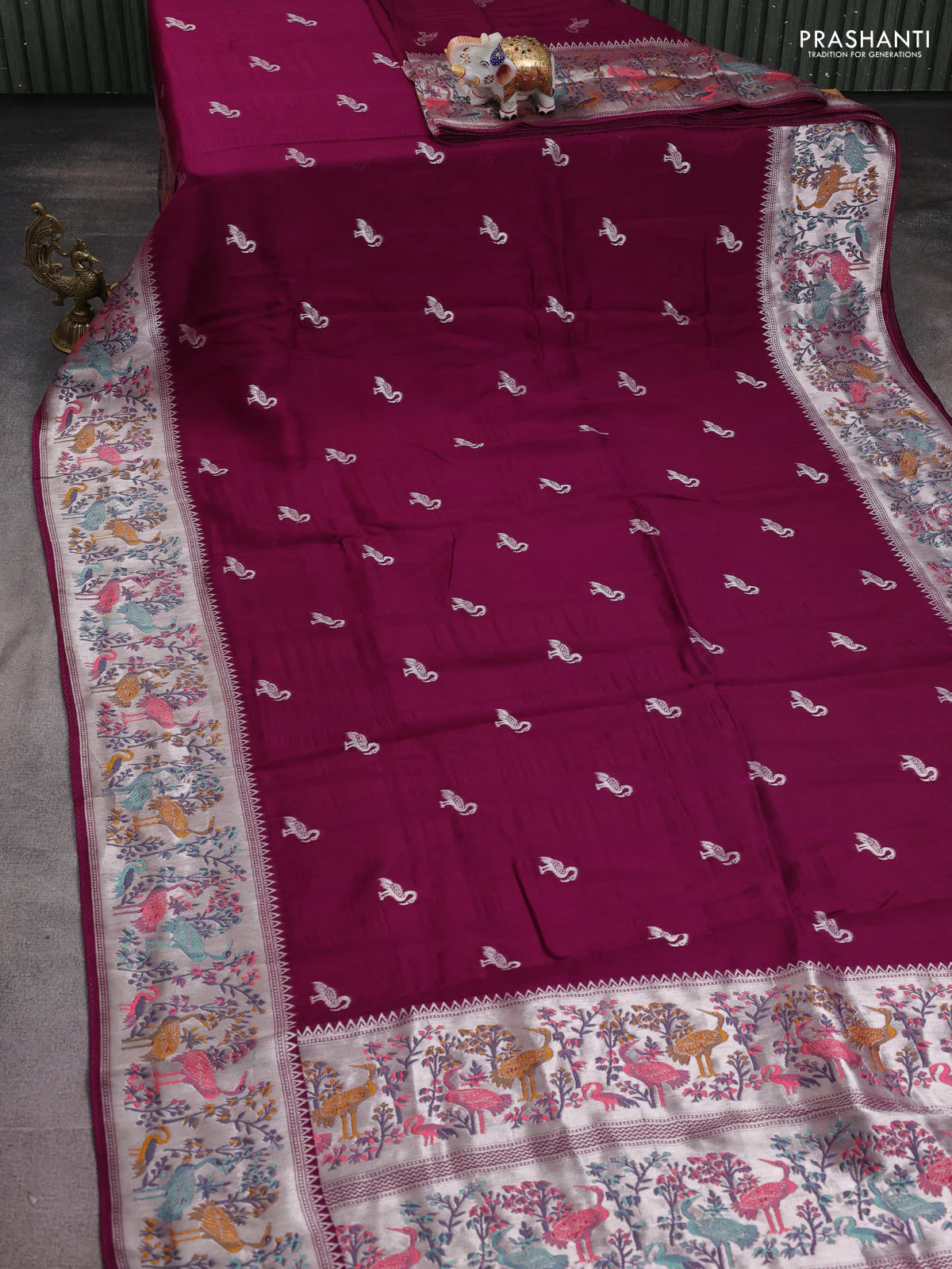 Banarasi raw silk saree purple with silver zari woven buttas and silver zari woven paithani style border - Image 2