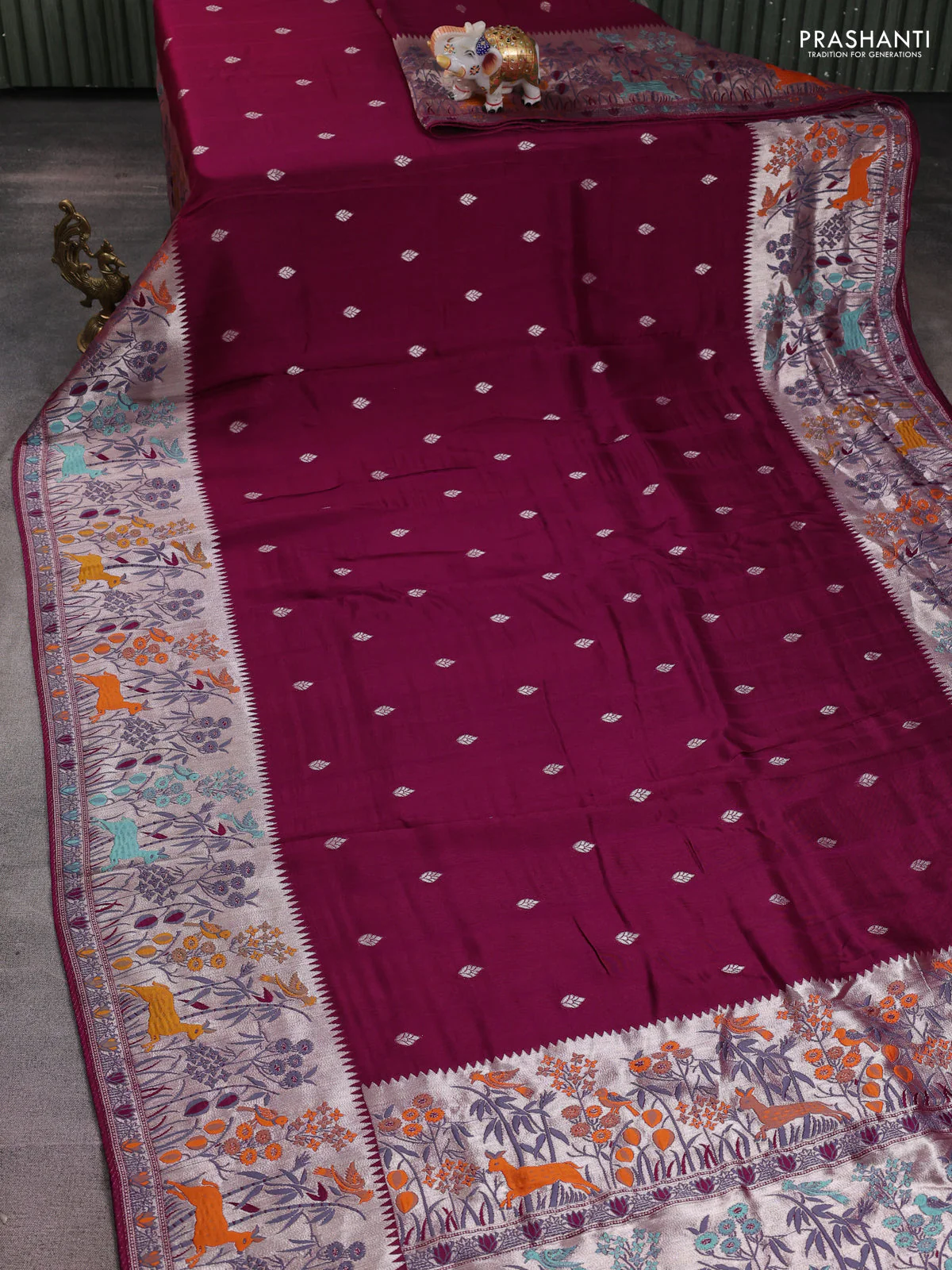 Banarasi raw silk saree purple with silver zari woven buttas and zari woven paithani style border - Image 2