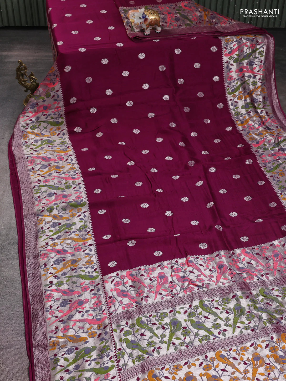 Banarasi raw silk saree purple with silver zari woven buttas and zari woven paithani style border - Image 2