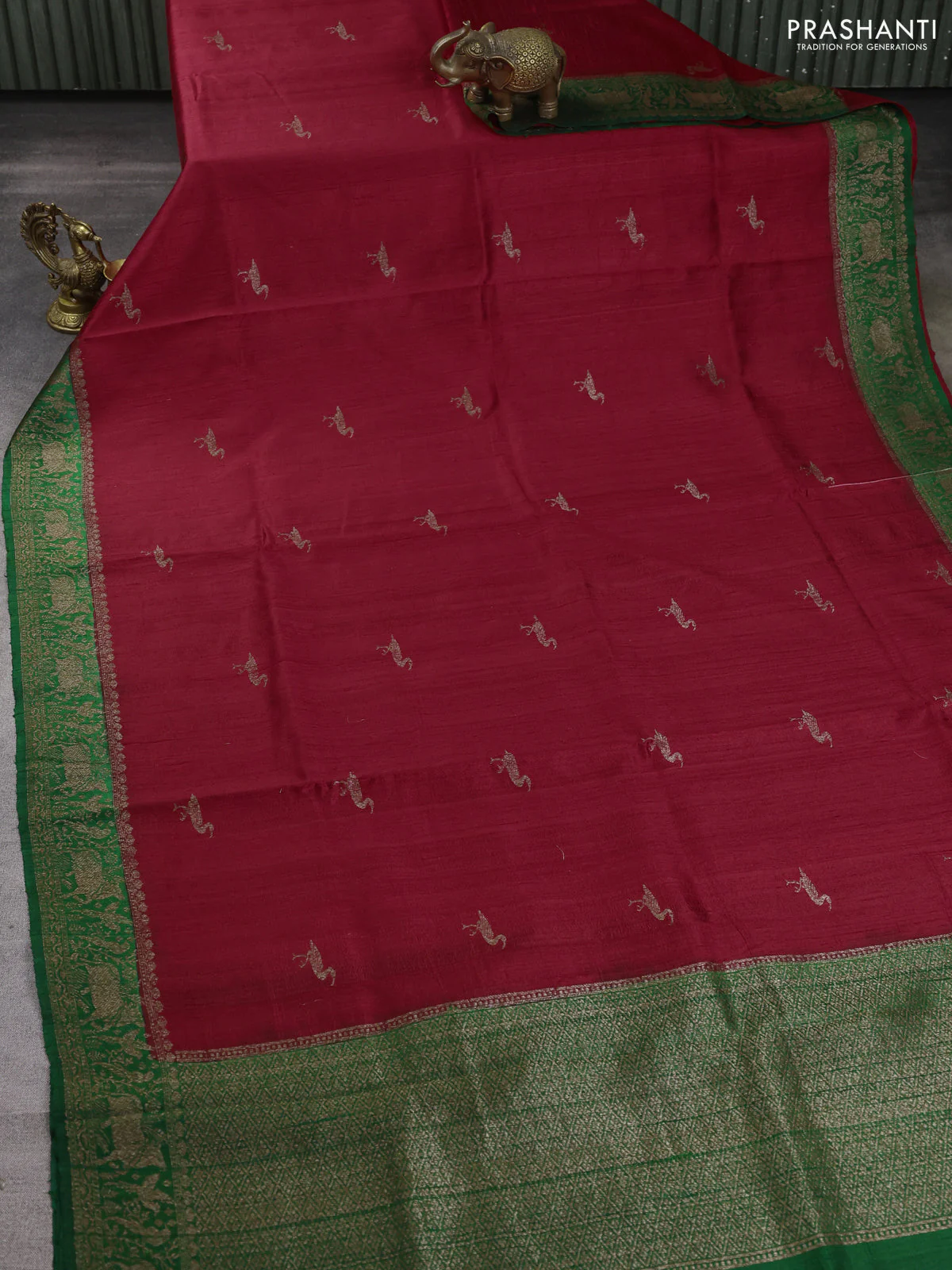 Banarasi raw silk saree red and green with woven buttas and woven border - Image 2