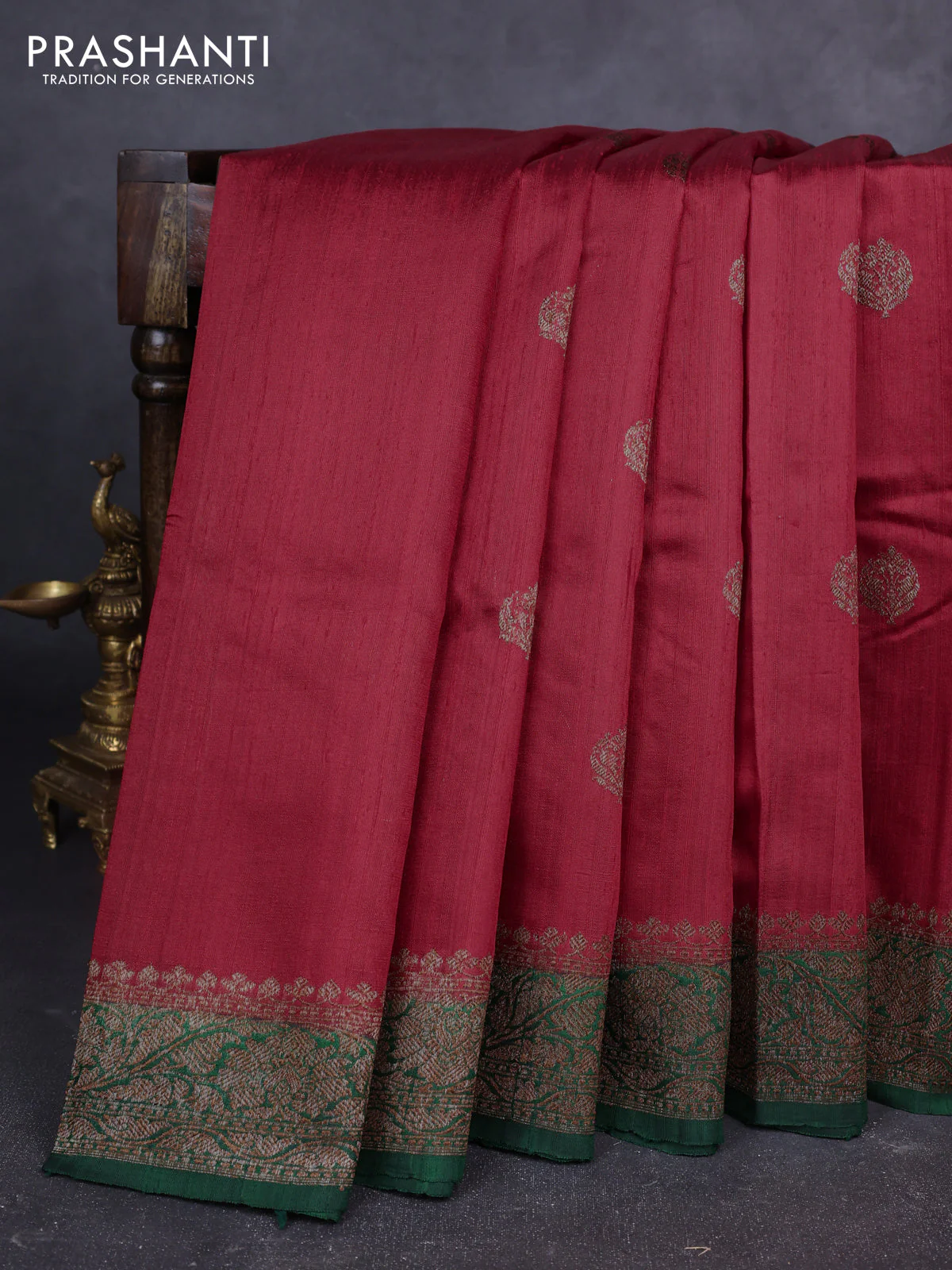 Banarasi raw silk saree red and green with woven buttas and woven border