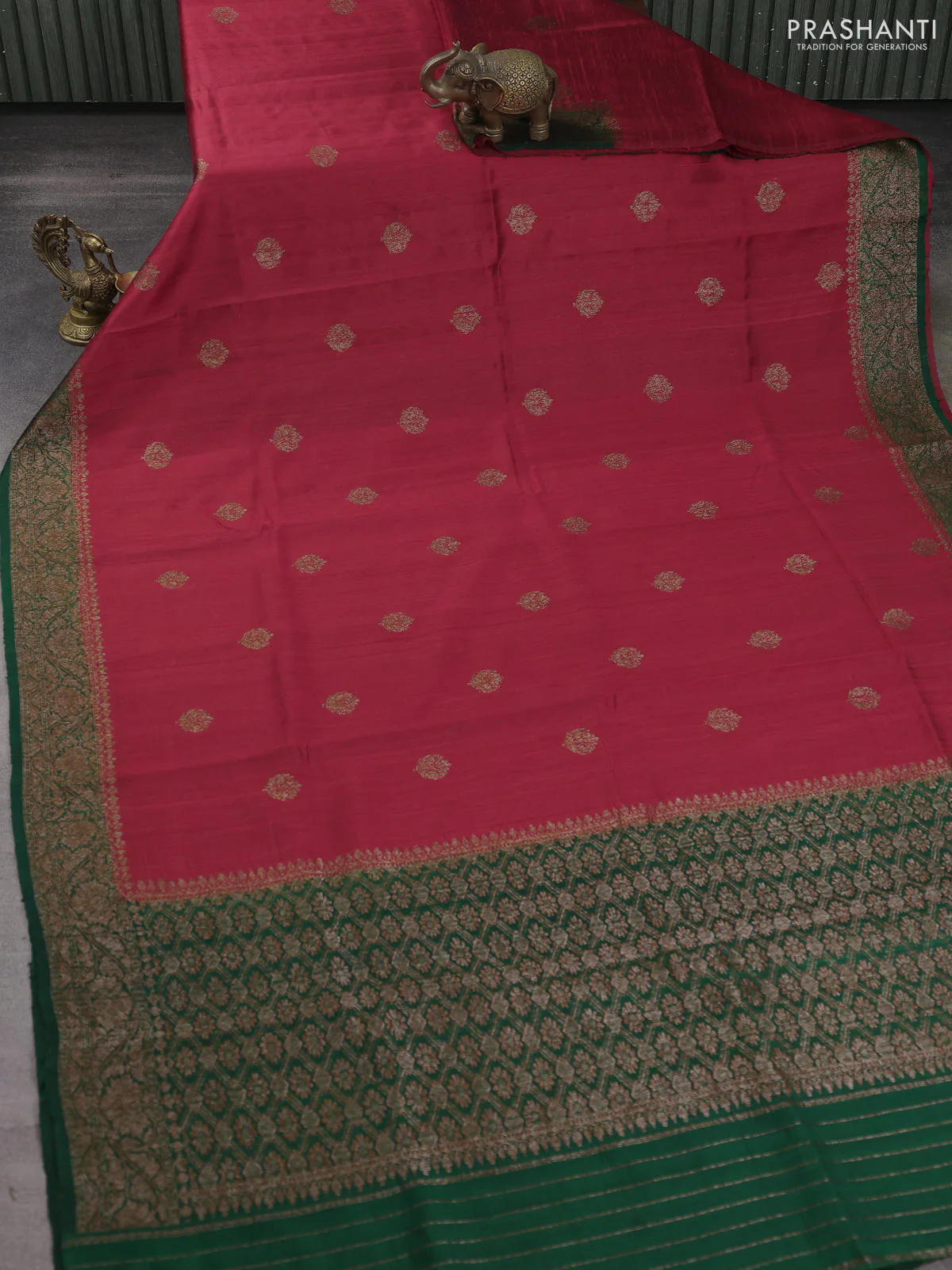 Banarasi raw silk saree red and green with woven buttas and woven border - Image 2