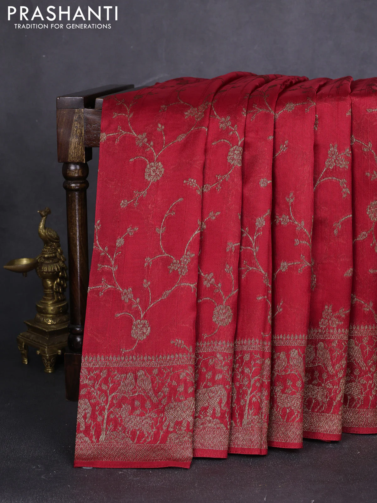 Banarasi raw silk saree red with allover thread & zari weaves and woven border