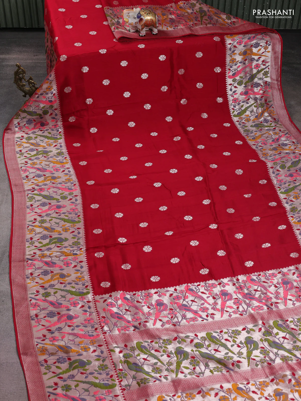 Banarasi raw silk saree red with silver zari woven buttas and zari woven paithani style border - Image 2