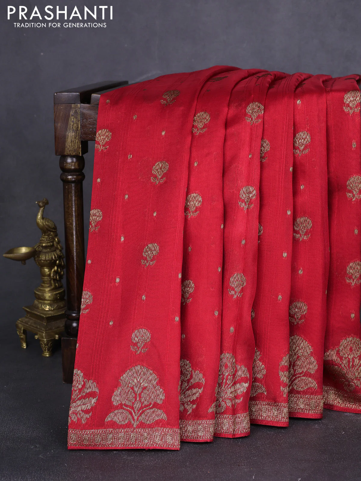 Banarasi raw silk saree red with thread & zari woven buttas and floral design woven border