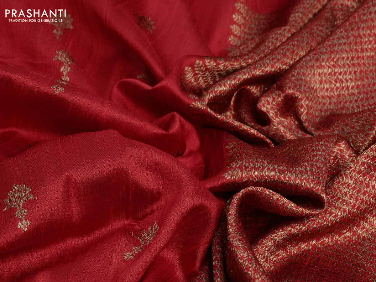 Banarasi raw silk saree red with woven buttas and butta border - Image 11