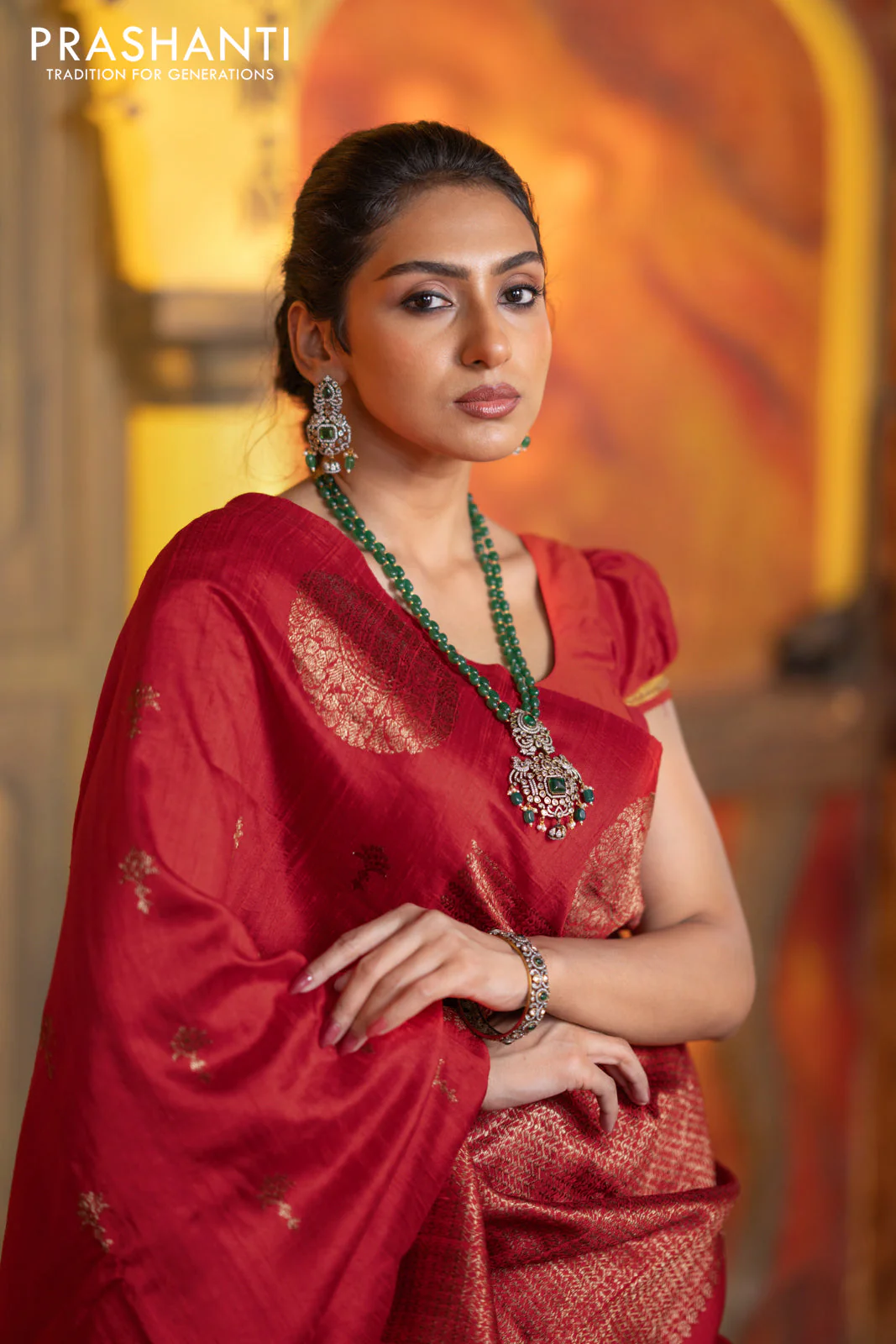 Banarasi raw silk saree red with woven buttas and butta border - Image 7