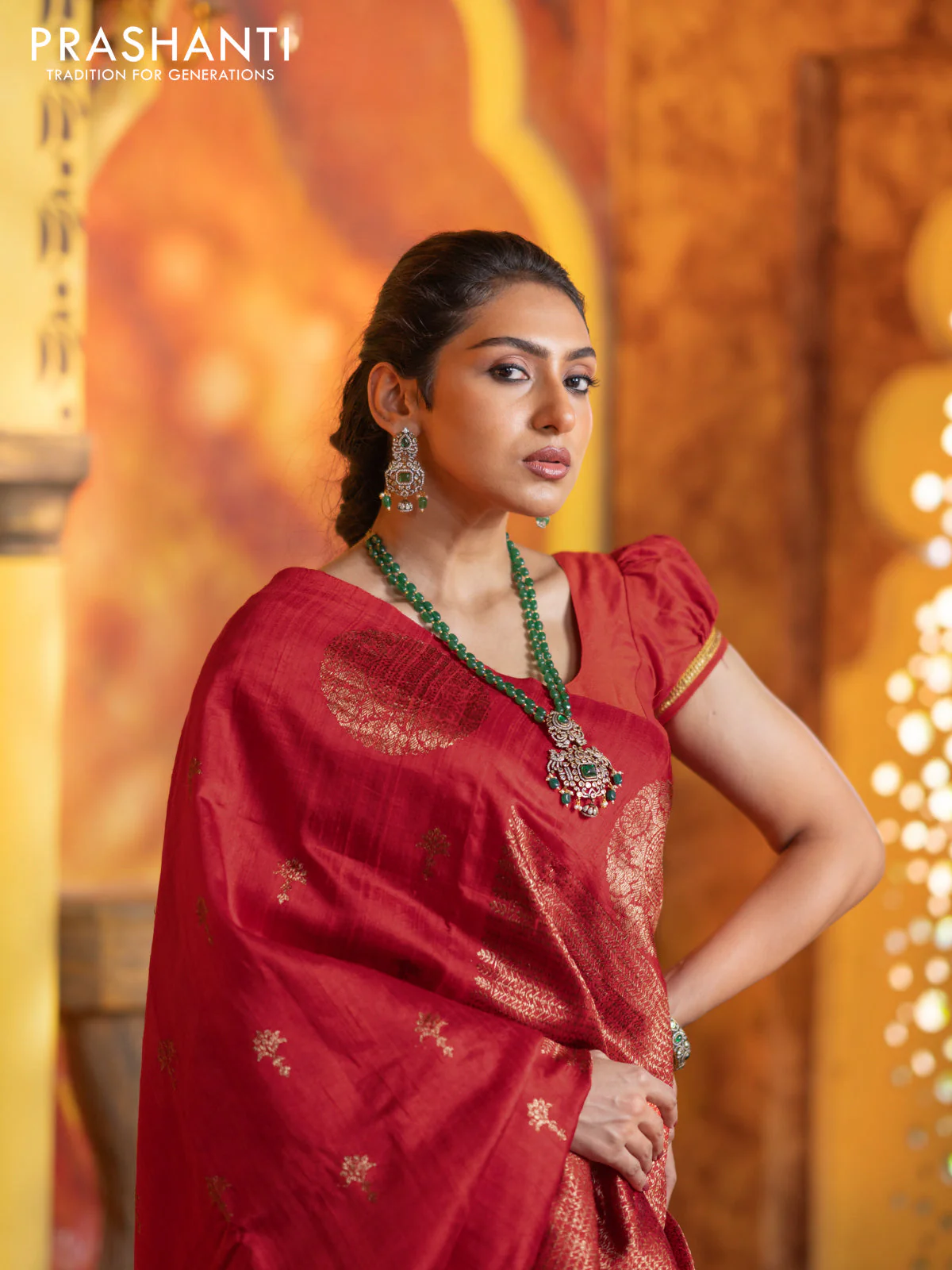 Banarasi raw silk saree red with woven buttas and butta border - Image 8