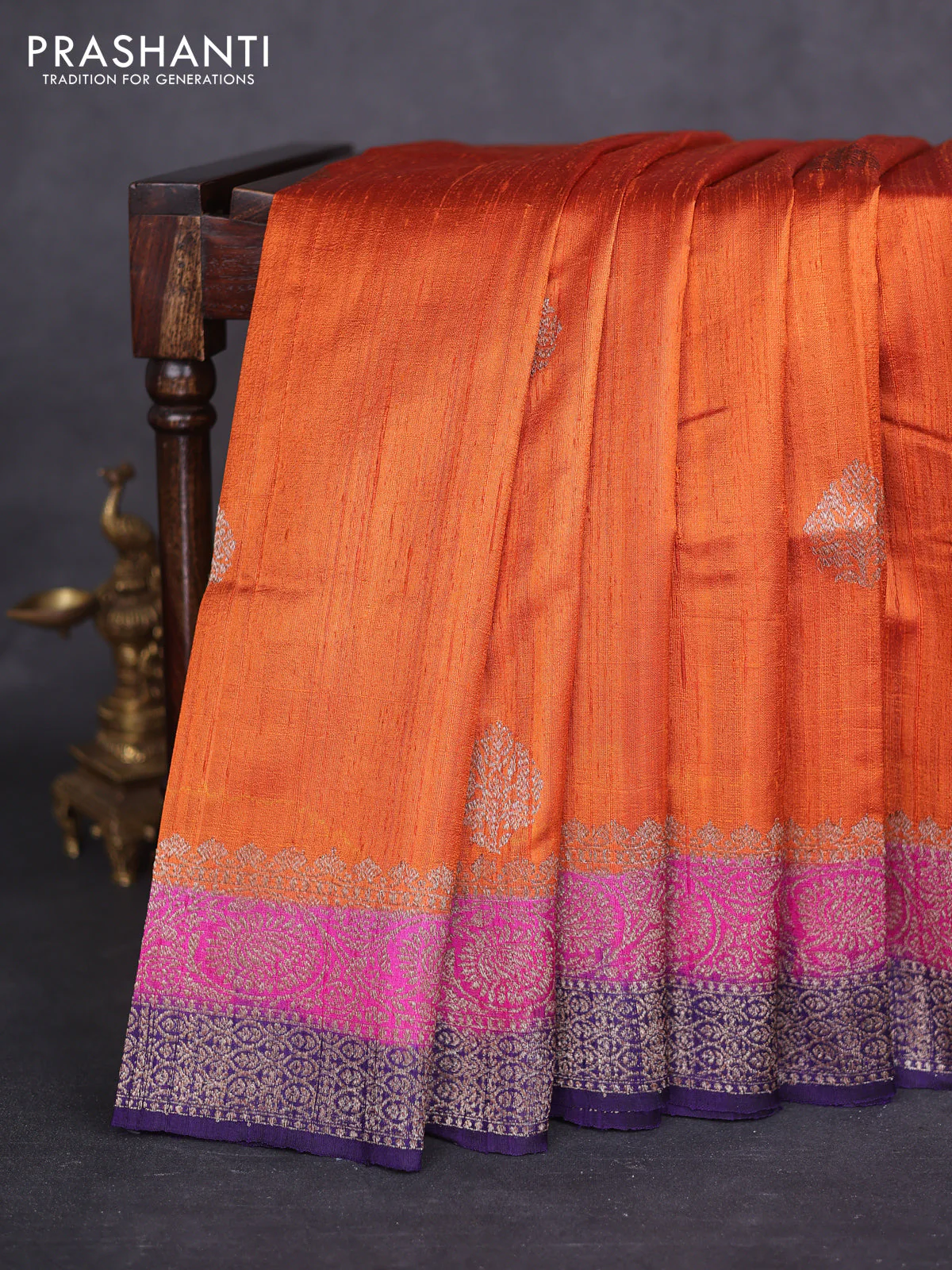 Banarasi raw silk saree rustic orange and pink violet with thread & zari woven buttas and woven border
